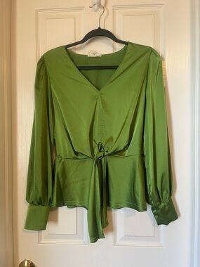 Green Satin Tie-Waist Blouse with Long Puff Sleeves